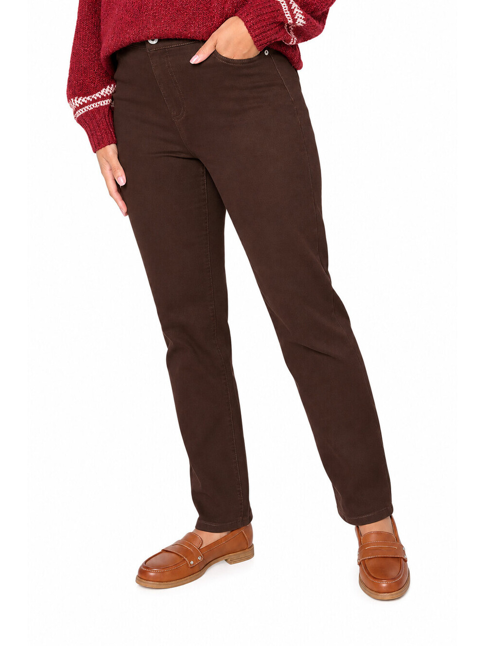 Denim & Co. Petite Woven Twill Slim Straight Pants Dark Chocolate Petite 14